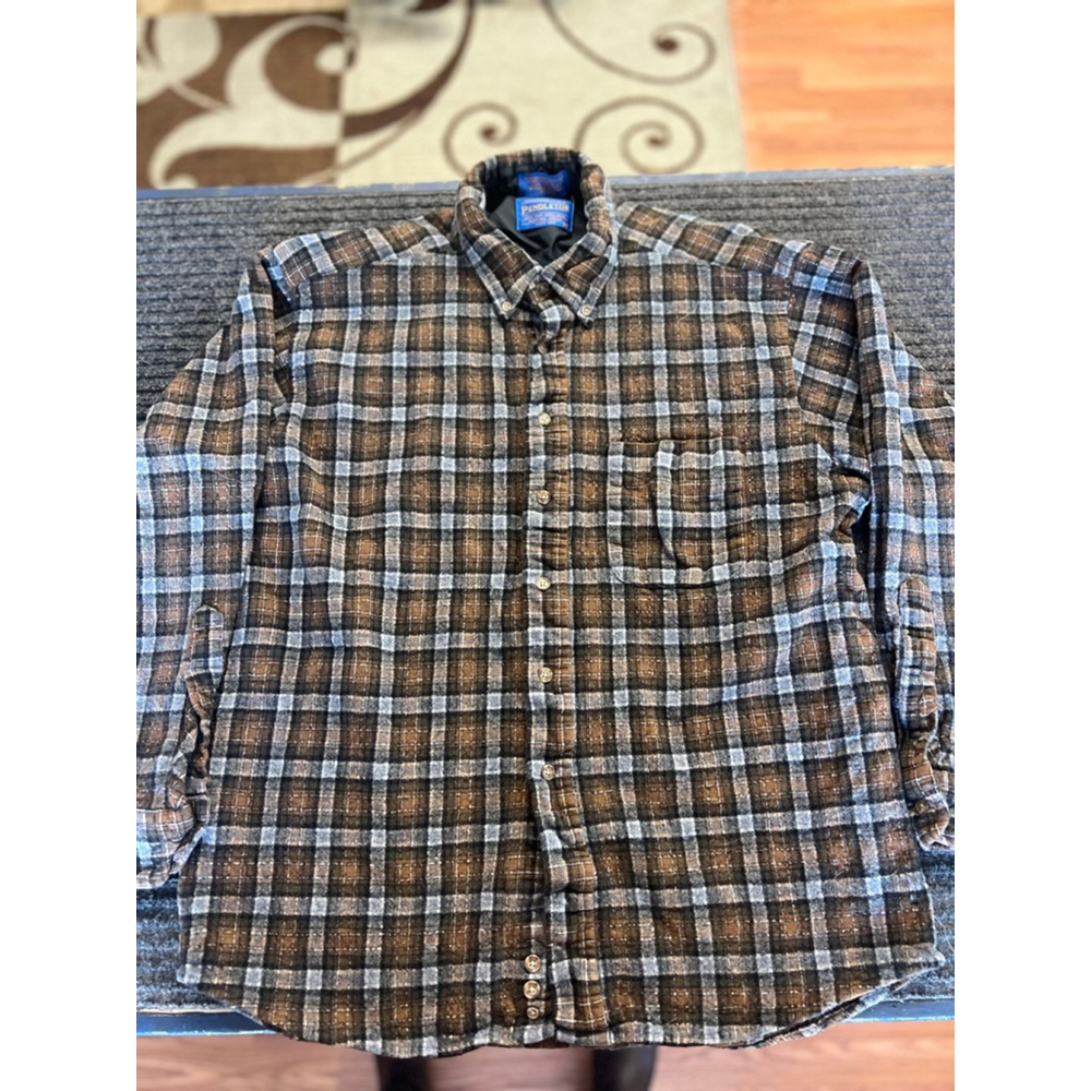 Pendleton Mens Wool Plaid Casual Button Down Shirt XL Brown Gray EUC - Picture 2 of 12